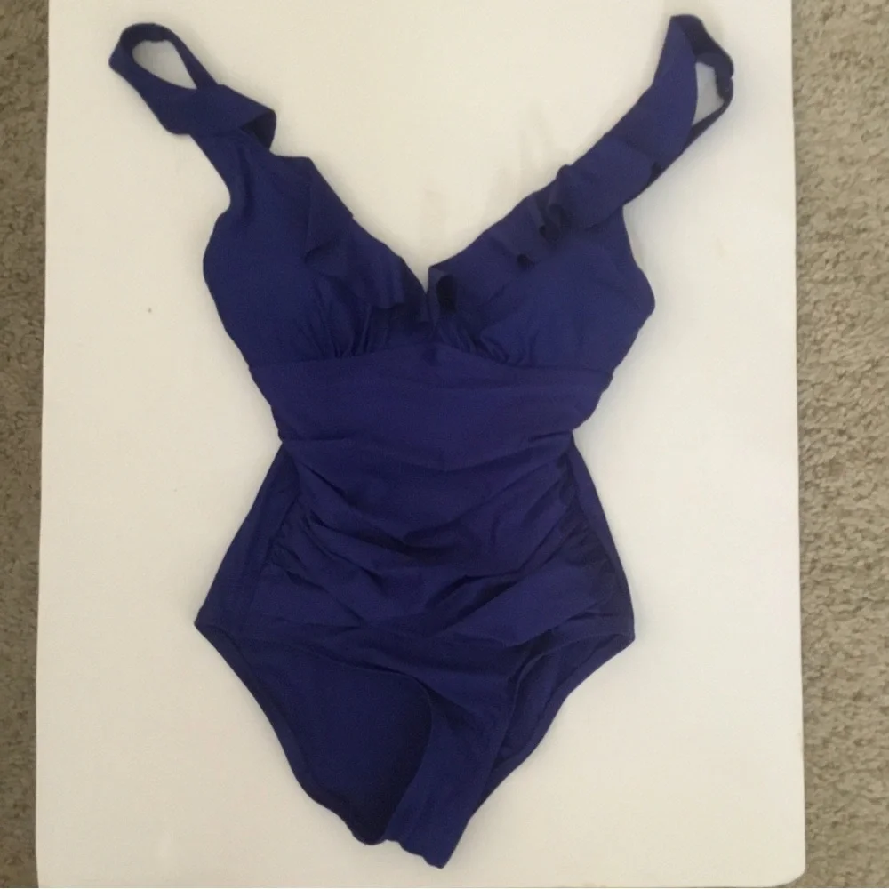 DKNY XS One Piece Blue Bathing Suit Underwire Ruching Swimsuit Swim Ruffle NWOT - Picture 2 of 13